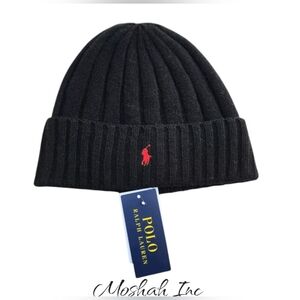 Polo Ralph Lauren Men's OS Beanie Merino Cuffed Embroidered Black Red Po…